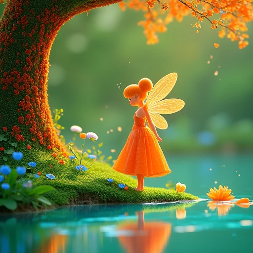 In a surreal, vibrant scene bathed in warm orange, teal, and green hues, a delicate little fairy with iridescent orange wings hovers gracefully by a crystalline river. Her elegant dress, shimmering like dew-kissed petals, reflects the whimsical light as she steps softly on lush green grass. Nearby, a towering tree trunk, covered in red moss, contrasts against the blue flowers dotting the ground. Sparkling water droplets float around her, creating an enchanting, magical aura. The ambient lighting glows warmly, casting intricate shadows across the landscape, highlighting the fine details of her figure and the fantastical background. Bold outlines give the scene a stylized, glossy look, reminiscent of Pixar's enchanting worlds. The image feels both joyful and mysterious, as the fairy seems to be part of a secret, mystical world full of vibrant life and wonder.