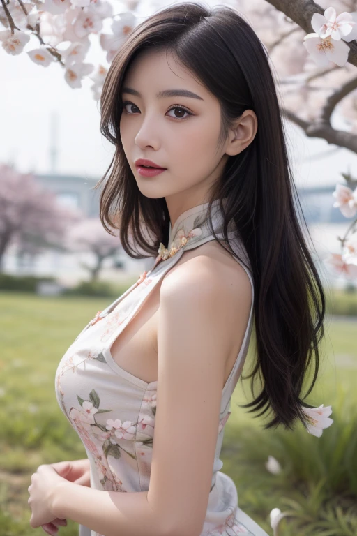 ltra-detailed,highly detailed,best quality,masterpiece,illustration, drawing, realistic, photorealistic,
qipao, 1girl, solo, 
chinese clothes, china dress, see-through dress, 
long hair, bangs, 
looking at viewer, upper body, 
outdoors, nature, grass, cherry blossoms, wind, falling petals, 
 <lora:qipao_v3_06:0.7>