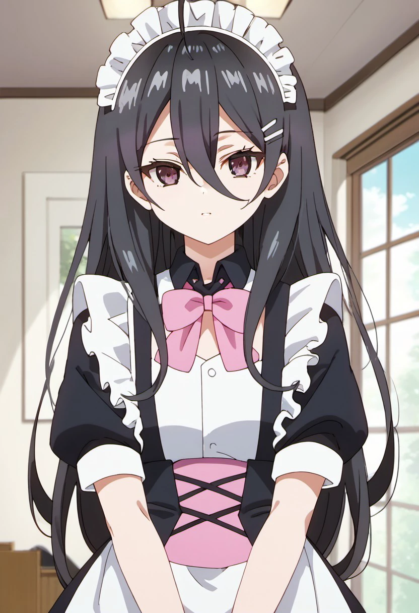 score_9, score_8_up, score_7_up, source_anime,ayano kimishima, long hair, black hair, hair between eyes, purple eyes, 1girl, solo, maid headdress, ahoge, maid, hair ornament, hairclip, looking at viewer, bow, short sleeves, pink bowtie, indoors