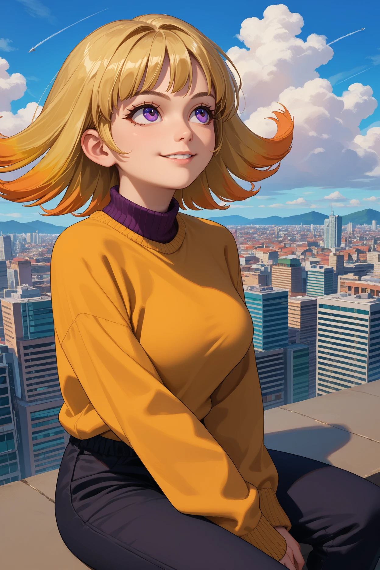 score_9, score_8_up, score_7_up, score_6_up, source_anime, 1girl, solo <lora:phosphora-pdxl-nvwls-v1-000005:1> pspra, blonde hair, orange hair, gradient hair, medium hair, purple eyes, large breasts, yellow sweater, sleeves past wrists, black pants, sitting, smile, blue sky, clouds, looking up, city