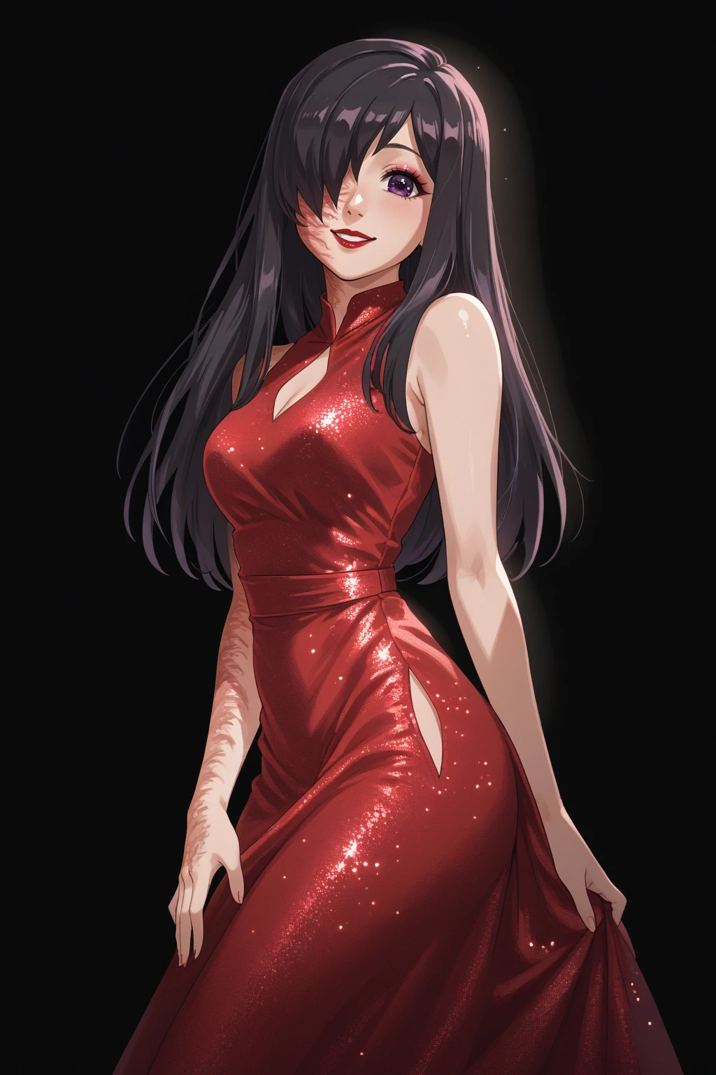 score_9, score_8_up, score_7_up BREAK <lora:NSHanakoKatawa:1> NSHanakoMisc, purple eyes, hair over one eye, black hair, long hair, scar on face, red gown, evening gown, sleeveless, cleave cutout, red lipstick, eyeshadow, glitter, shiny hair, volumetric lighting, black background, slight smile, looking at the viewer