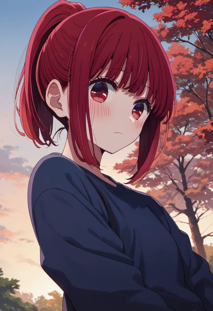 score_9, score_8_up, score_7_up, source_anime,arima kana, red hair, short hair, red eyes, 1girl, solo, blush, outdoors, closed mouth, sky, sidelocks, tree, ponytail