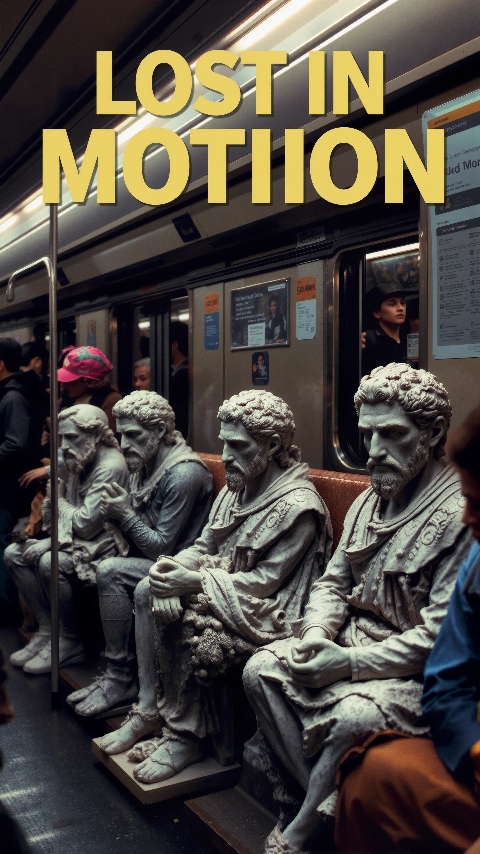 Text letters and words that says "Lost in Motion" in capital letters on a digital display, Greek marble statues sitting in a very crowded subway train during rush hour, their sad expressions contrasting with the vibrant crowd. A dynamic, eye-level shot showing the chaos of the train environment, capturing intricate details of the statues and the commuters around them. The gritty subway walls and blurred movement of background figures enhance the surreal atmosphere. A hyper-realistic digital rendering with sharp focus and high-definition details combined with cinematic lighting illuminating the scene