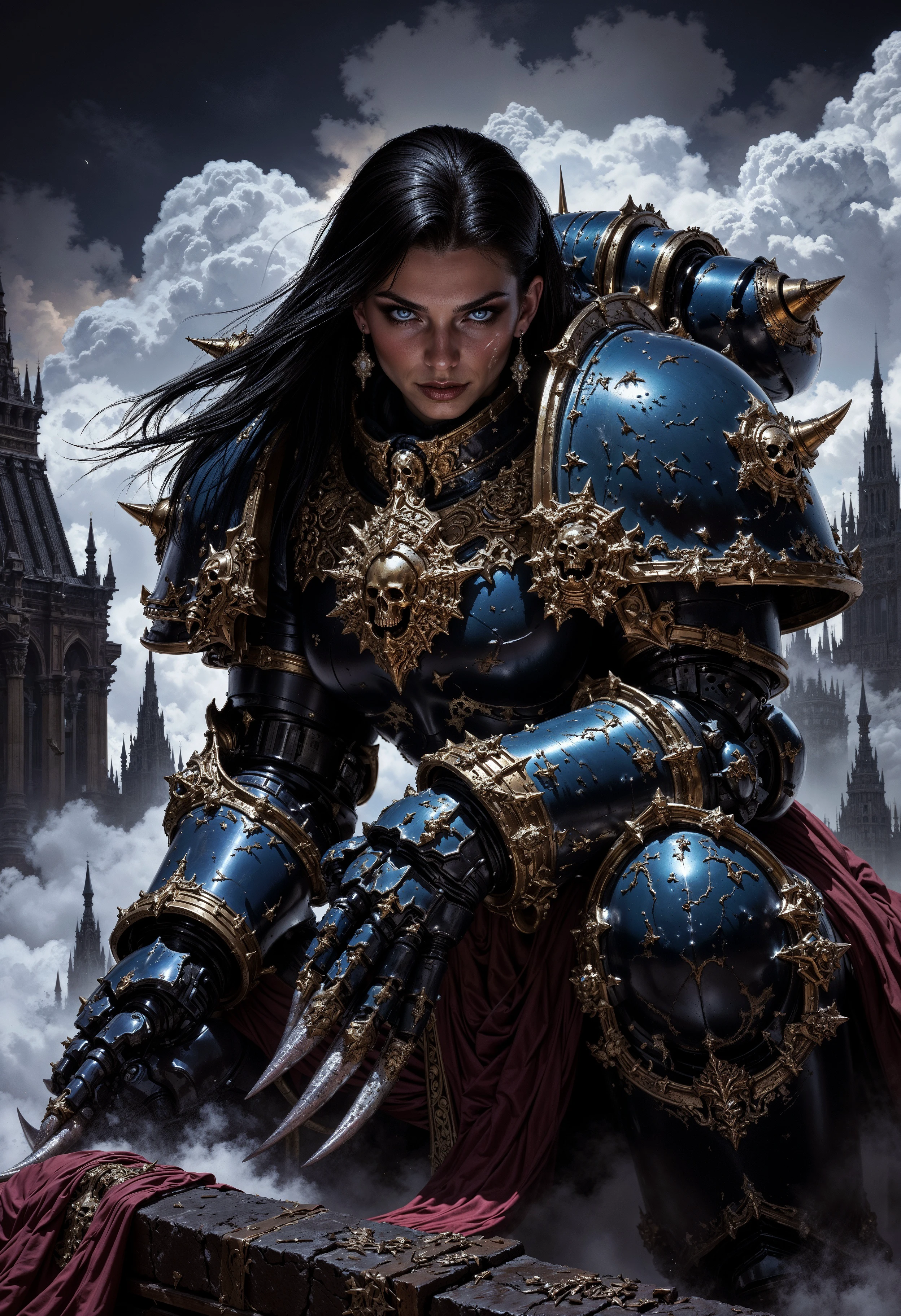 detailed renaissance oil painting, masterpiece, FredFraiStyle, a gorgeous female NightL40K space marine in midnight blue power armor with dark embellishments, long black flowing hair, earrings, dark eyeshadow, red lips, her gauntlets has long electrifying claws, crouching, dynamic pose, on the rooftops, hunting, directional lighting, masterpiece, perfect composition, perfect hands, cowboy shot <lora:FluxNightL40K:0.8>   <lora:dark_fantasy_flux:1> <lora:FredFraiStyle-FLUX-Share:1>