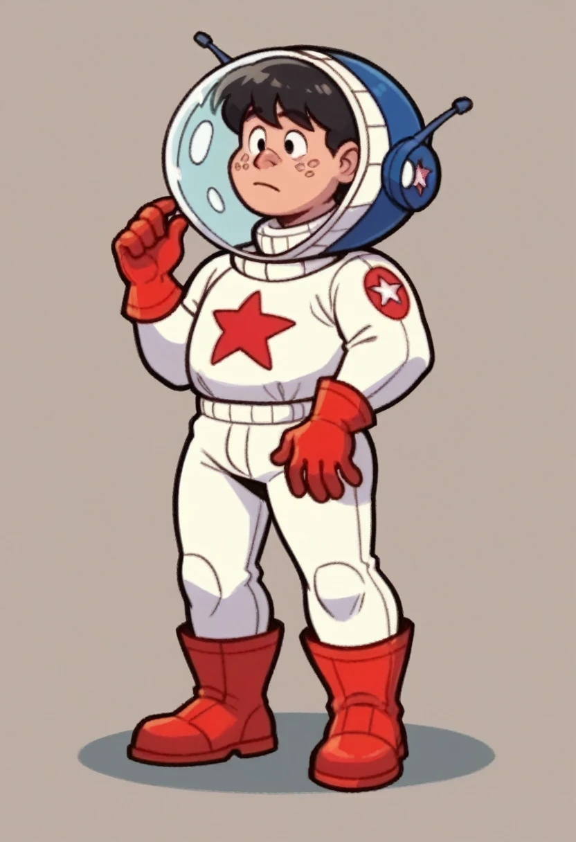 julio_jupiter, solo, black hair, 1boy, gloves, male focus, black eyes, helmet, red gloves, freckles, spacesuit, full body, legs, standing