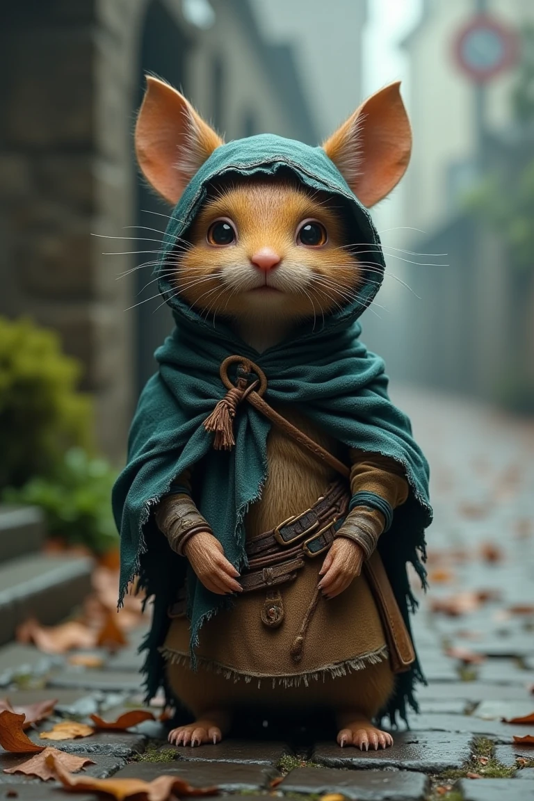 The image is a high-resolution, detailed photograph of a fantastical, anthropomorphic character, likely a fantasy creature, standing outdoors on a misty, cobblestone path. The creature, resembling a small, humanoid rodent with large, expressive eyes and a pointed nose, is dressed in a rugged, medieval-style outfit. It wears a tattered, teal hooded cloak with a worn, earthy texture, secured with a leather cord around its neck.