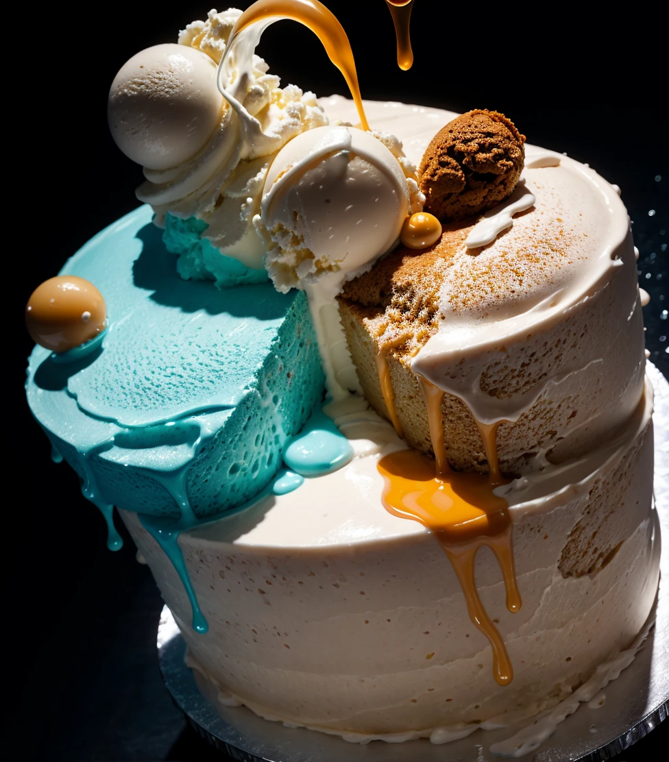 a ice cream, cake, liquid made of liquid splashes, merging, melting, splashing, droplets, mixing, fading away, exploding, swirling, intricate detail, modelshoot style, dreamlikeart, dramatic lighting. 8k, highly detailed, photorealistic, cinematic, ultrarealistic, glowing rich colors, surreal aesthetic, very inspirational, mystical, realistic, cinematic, ultrarealistic