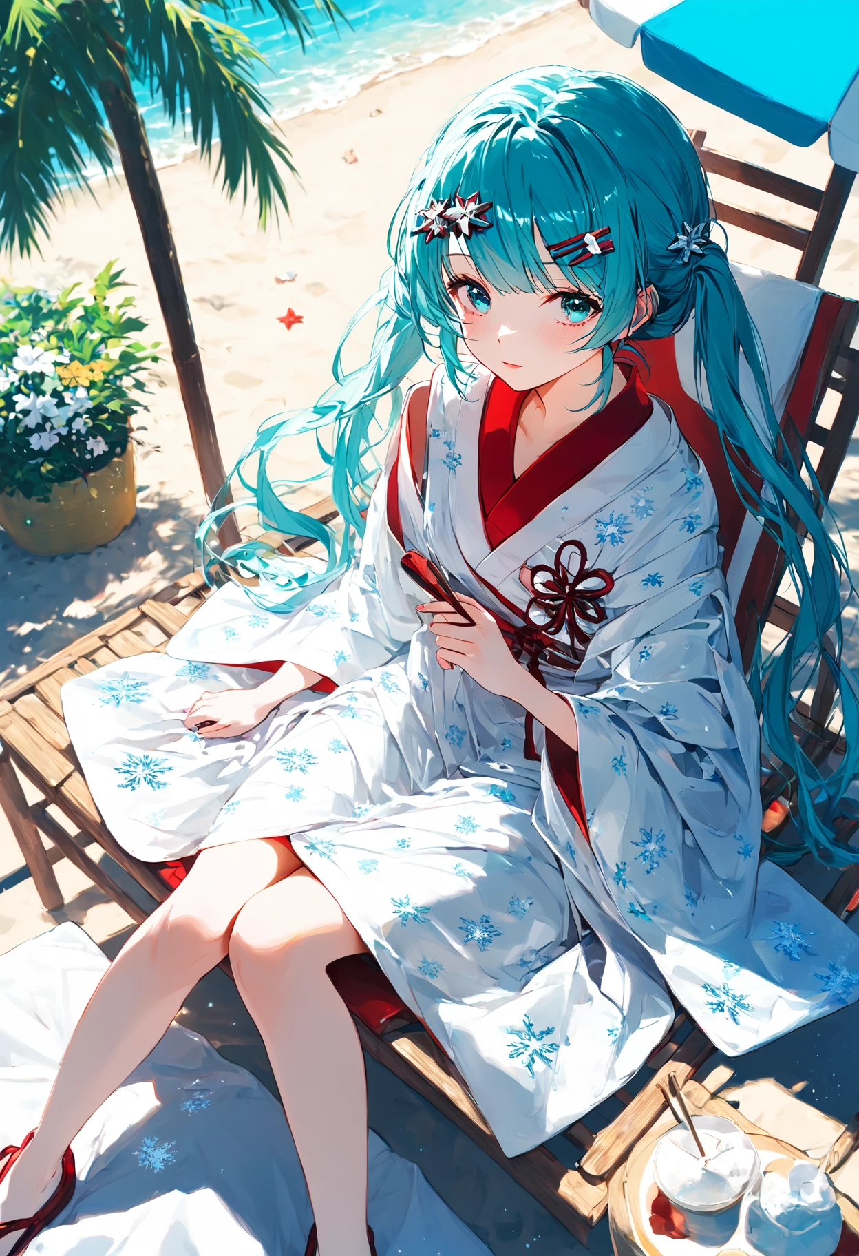 score_9,score_8_up,score_7_up,,source_anime BREAK, 1girl, solo,, s1_dram, from above, on beach chair, , , SHM13, hatsune miku, NOwataboushi, 1girl, japanese clothes, white kimono, hair ornament, aqua hair, long hair, twintails, aqua eyes, yuki miku, snowflake print, wide sleeves, <lora:S1_Dramatic_Lighting_v2:0.8>,<lora:éªãã¯13:1>