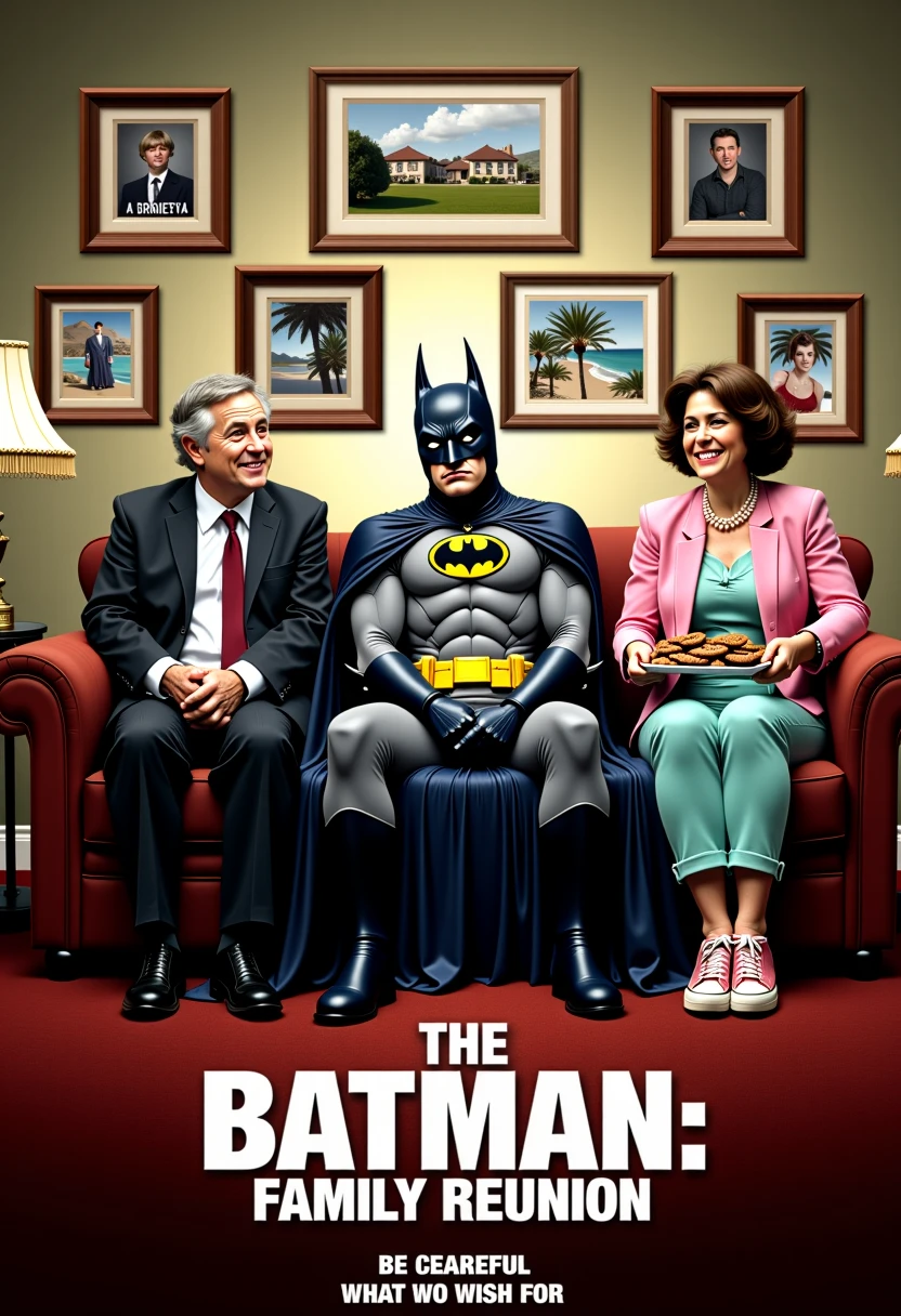 <lora:EverlyHeightCoverArtFLUX:1> A satirical movie poster parodying The Batman: Family Reunion, but with the twist that it humorously undoes Batmanâs original wound: his parents never died. The scene shows a brooding Batman played by Robert Pattinson for The Batman in full costume awkwardly sitting in a living room, sulking on the couch between his smiling, alive parents. His father, in a business suit, pats him on the back encouragingly, while his mother, wearing pearls and a warm smile, holds out a tray of cookies. Batmanâs cape drapes across the sofa, crumpled and out of place in the domestic setting.
The background is a cozy suburban home with family photos on the wall, including one of Bruce at a birthday party, and another of the Waynes happily vacationing. The title reads, 'THE BATMAN: Family Reunion' in bold, dramatic lettering. The tagline at the bottom says, 'Be careful what you wish for.' The overall style is a mix of dark, moody tones contrasting with cheerful, mundane domestic elements, adding to the absurdity of Batmanâs persona in a world where his parents never died.