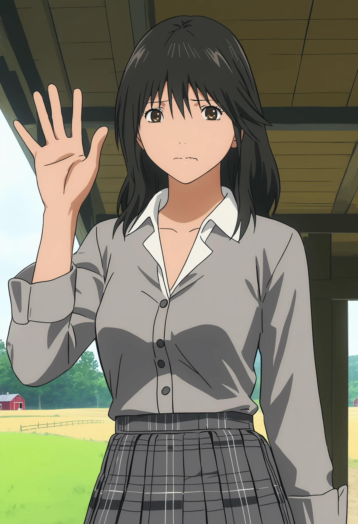 score_9, score_8_up, score_7_up, source_anime, BREAK 1girl, solo, anime coloring, black hair, brown eyes, long hair, medium breast, <lora:misakiya:1>, (waving), (Slate gray)(Collared top:1.2), (Smoky Lilac)(Mini skirt), (barn background:1.2), (look), (wavy mouth, closed mouth)