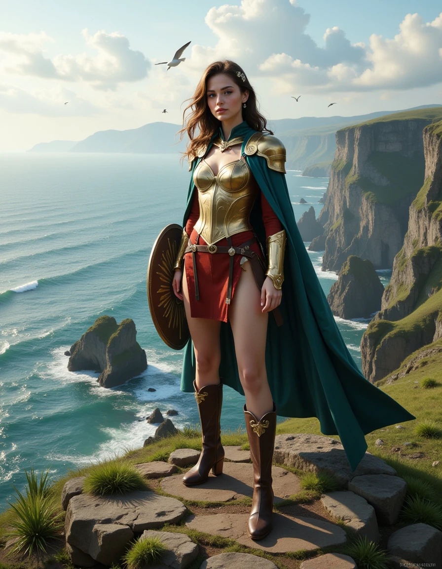 Pony_Flux_001, A young woman stands alone on a windswept cliff overlooking a vast ocean, her long brown hair fluttering in the sea breeze. She wears intricate medieval armor, embellished with a delicate hairpiece, and a flowing cloak billows dramatically behind her. In her hand, she holds a beautifully crafted shield, ready to protect herself against mythical sea creatures. A small mole under her eye adds character to her noble visage. Her expression is resolute as she gazes into the distance, standing firmly in sturdy leather boots. The rugged coastline around her is richly detailed, with soft sunlight casting a warm glow, and seagulls soaring overhead, adding a sense of magic and adventure to the scene.