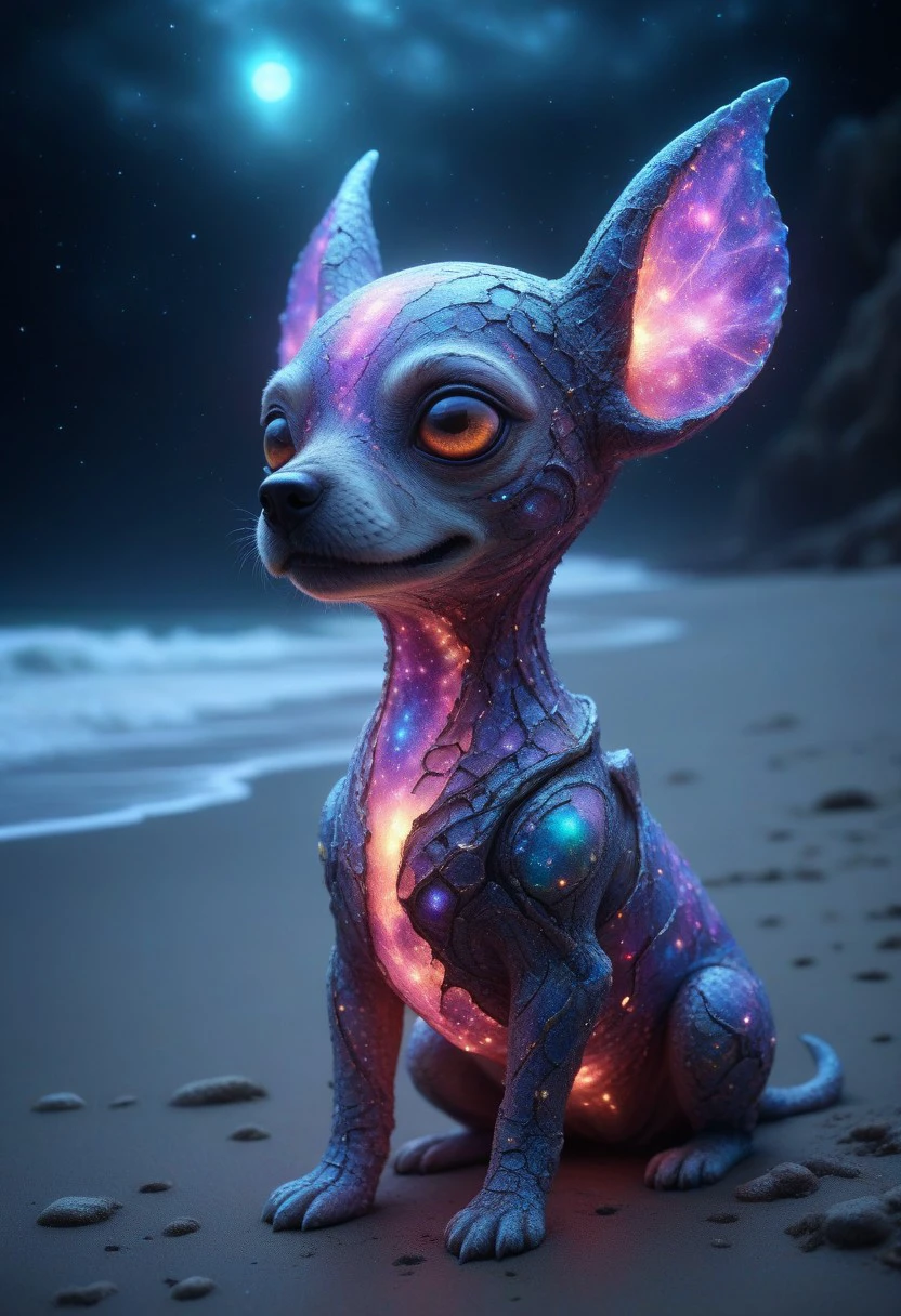 glowing galaxy cracks, elaborate cute alien dog, at the beach,