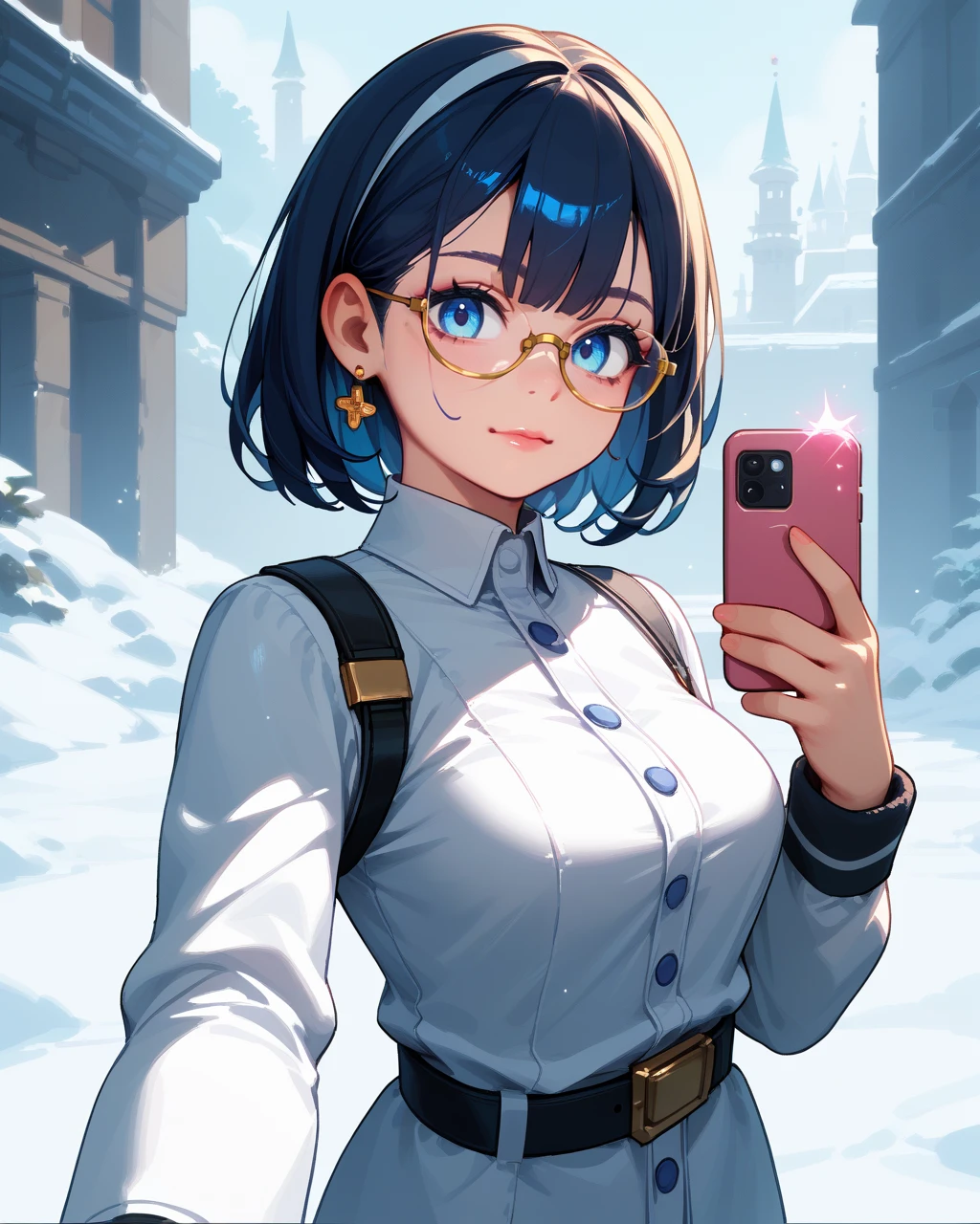 score_9,score_8_up,score_7_up, (((masterpiece))) , (((best quality))) , anime style, 2d, Golden ratio, selfie shot angle of a lowborn Futuristic Southern Sergeant (good-looking 1girl, solo:1.1) , in Bustled Dirac, White hairstyle, Feral Belt, ray-ban glasses and Fantasy Makeup, Snowy, Minecraft, Colorful, artstation, magic atmosphere, pure, ambient background, unique, enhanced quality, <lora:neonipixelnn:0.8> Pixel Art Neo-Noir