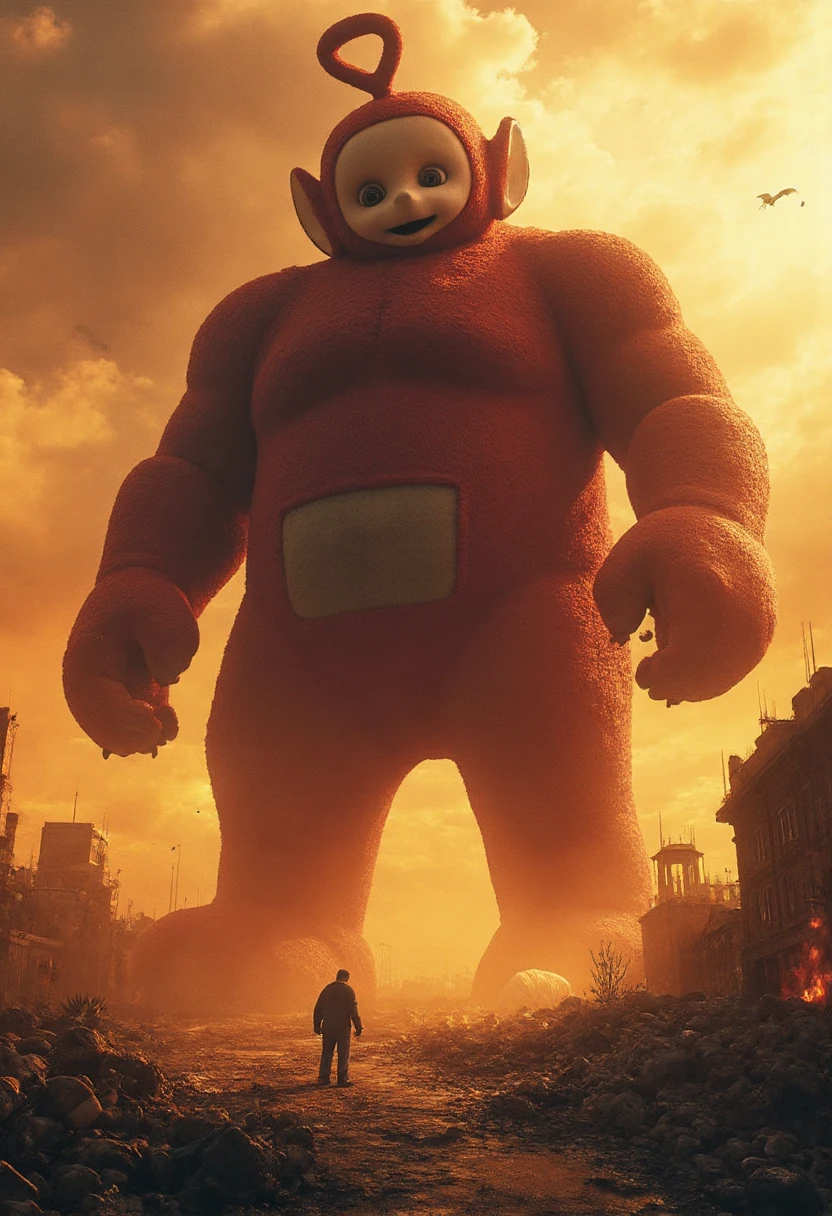 realistic cgi render of a giant beefy tinkywinky towering over a fiery destroyed city in a post apocalyptic setting. there is a small man in the middle of the composition, close to the camera, confronting tinkywinky