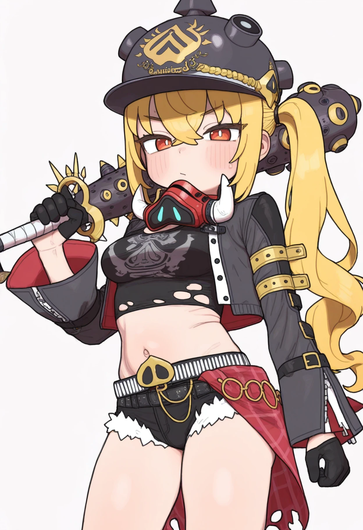 1girl, solo, imluciana, healthyman, (opossumachine:0.8), (asanagi:0.5),  white background,
medium breasts,
standing, looking at viewer,
blonde hair, long hair, side ponytail, weapon over shoulder, spiked club, 
black tank top, crop top, black gloves, black shorts, short shorts, torn clothes, black jacket, cropped jacket, long sleeves, helmet, mask around neck, waist cape, 
<lora:LucianaIllustrious:1>