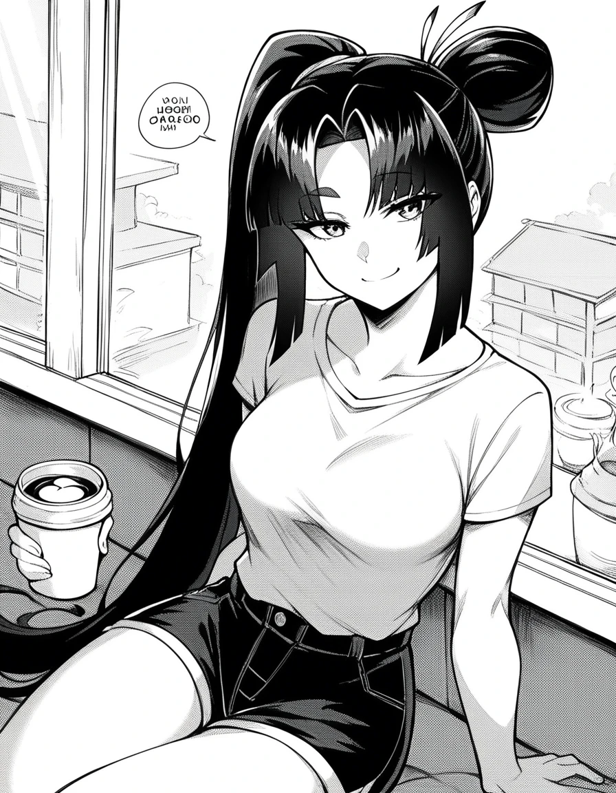 score_9, score_8_up, score_7_up, source_anime, <lora:pinta-ushikawamaru-manga-ponyxl-lora-nochekaiser:1>, ushiwakamaru pinta, long hair, bangs, black hair, very long hair, sidelocks, hair bun, side ponytail, parted bangs, monochrome, greyscale, medium breasts,, shirt, collarbone, shorts,, cafe, coffee cup, barista, sitting down, talking, relaxing, sunlight through window, , looking at viewer, smug, hand on hips,, solo,, cowboy shot, dutch angle