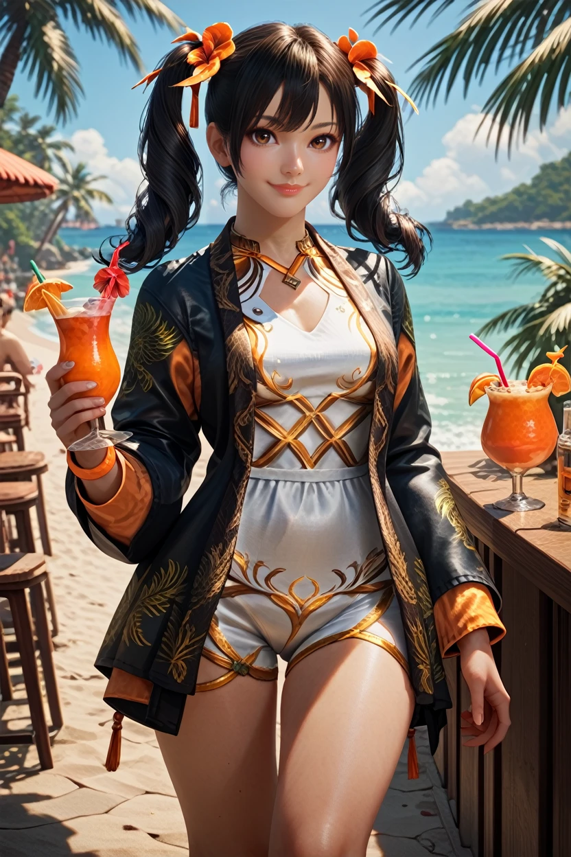 score_9, score_8_up, score_7_up, 
<lora:TKXiaoyu:1.0>
TKXiaoyu, 1girl, twin tails, black hair, brown eyes, looking at viewer, looking at viewer, smiling, standing, outside, beach, palm trees, holding cocktail