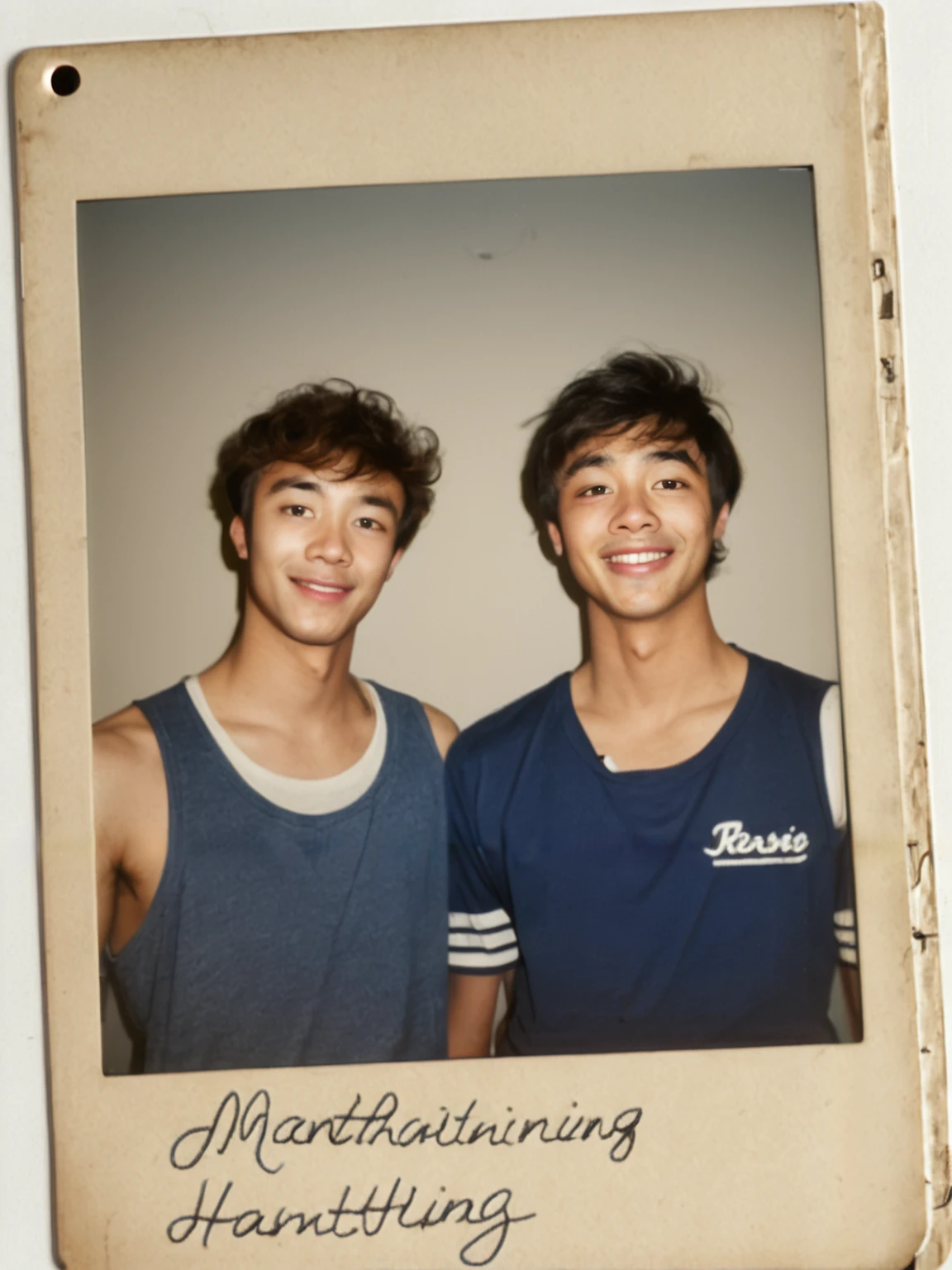 score_9, score_8_up, score_7_up, score_6_up, realistic, (polaroid_photo:1.3), (white photo frame:1.1), (printed photo:1.1), (handwriting on photo:2), (handwritten signature:2)
2boys, friends, brothers, standing, smile, front view, looking at viewer, (cowboy shot:1.3),
adult man, (hair bang:1.3), male hairstyle, Asian male, (japanese man:1.1), (Korean man:1.1), thin, lean body, basketball uniform, shorts, tanktop, locker room