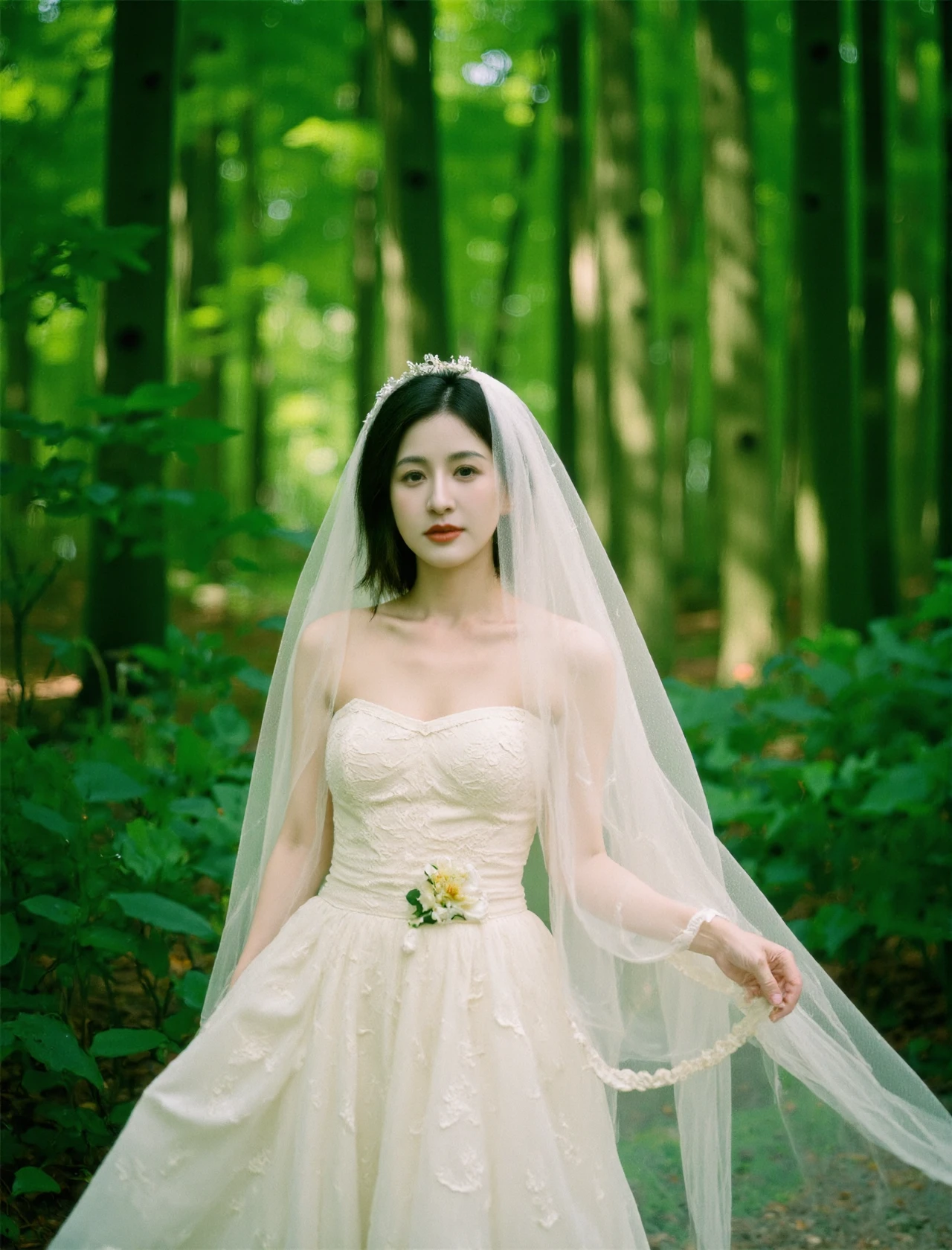 <lora:F.1 Asian Girläºæ´²äººå_v1.0:1.2> ,Asian Girl, <lora:xiancheng_city_flux_v1:1.2>,xiancheng_city,This photograph captures a young woman standing in a lush, verdant forest. She is the central subject, dressed in a stunning, strapless wedding gown made of sheer white fabric with intricate lace detailing. The bodice of the gown is fitted, accentuating her slim figure, and the skirt flows gracefully to the ground, creating a delicate, ethereal effect. A sheer, white veil flows down from her head, covering her hair and partially obscuring her face, adding a touch of mystery and romance to the image. The veil is attached to a small, elegant bouquet of white flowers at her waist, complementing the overall theme of purity and innocence. She stands in front of a dense thicket of green foliage, with tall, slender trees and bushes creating a natural, secluded setting. The light filtering through the trees casts a soft, diffused glow on her, highlighting the delicate lacework of her gown. The overall mood is serene and dreamlike, with a hint of ethereal beauty and timeless elegance. The photograph exudes a timeless, fairy tale quality, emphasizing the grace and serenity of the bride-to-be.