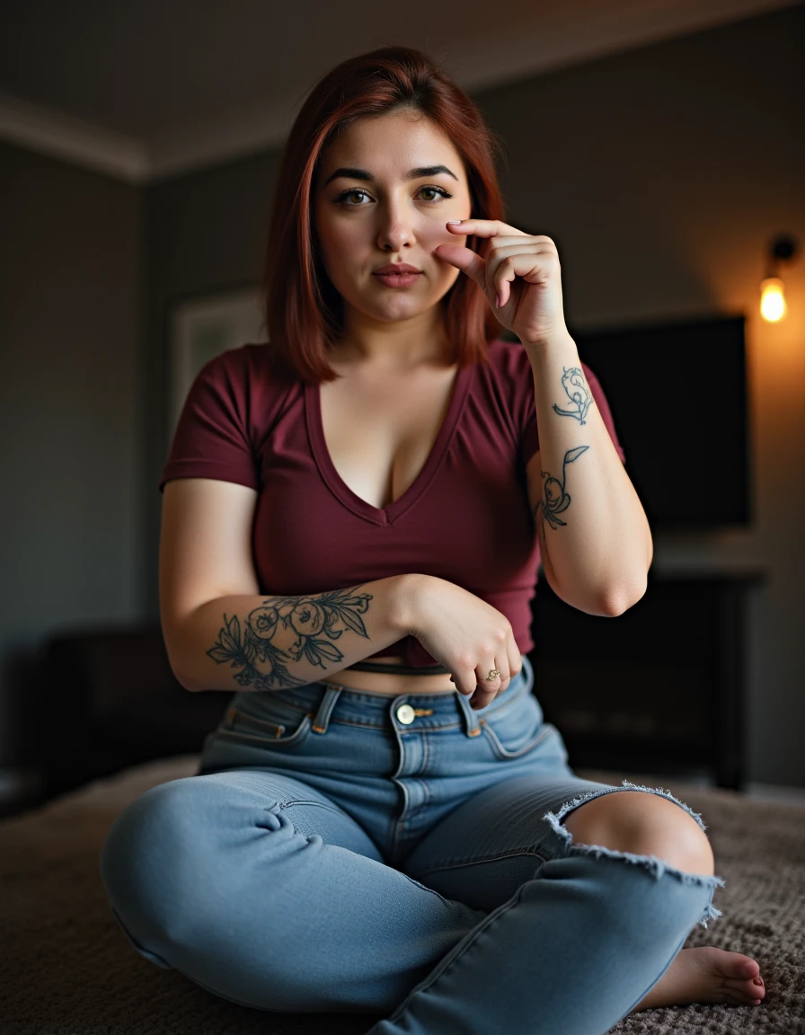 <lora:Small Penis Humiliation (Flux):1>,realistic,a woman wearing jeans and tshirt,sphf1ngers,looking at viewer,indoors,tattoo,sitting,