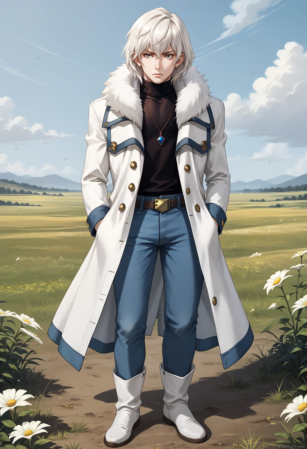 score_9, score_8_up, score_7_up, source_anime, 1boy, full body, hand in pocket, closed mouth, standing, <lora:SomaCV-pdxl:1> soma, white hair, short hair, grey eyes, white coat, open coat, fur trim, long sleeves, black turtleneck, necklace, pendant, brown belt, blue pants, jeans, boots, white footwear, wind, field