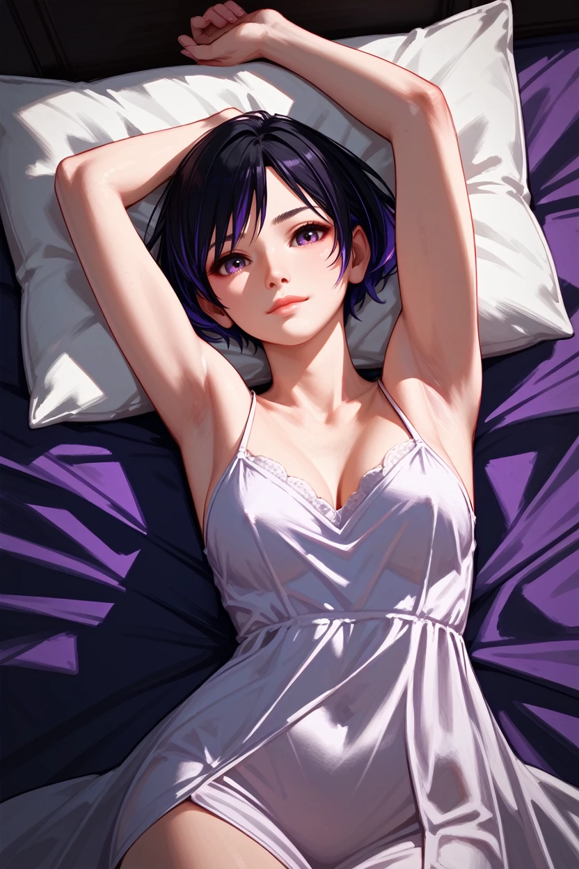 score_9, score_8_up, score_7_up, 
<lora:TKReina:0.8>
TKReina, 1girl, black hair, purple hair, multicolored hair, short hair, looking at viewer, laying back, on bed, arms up