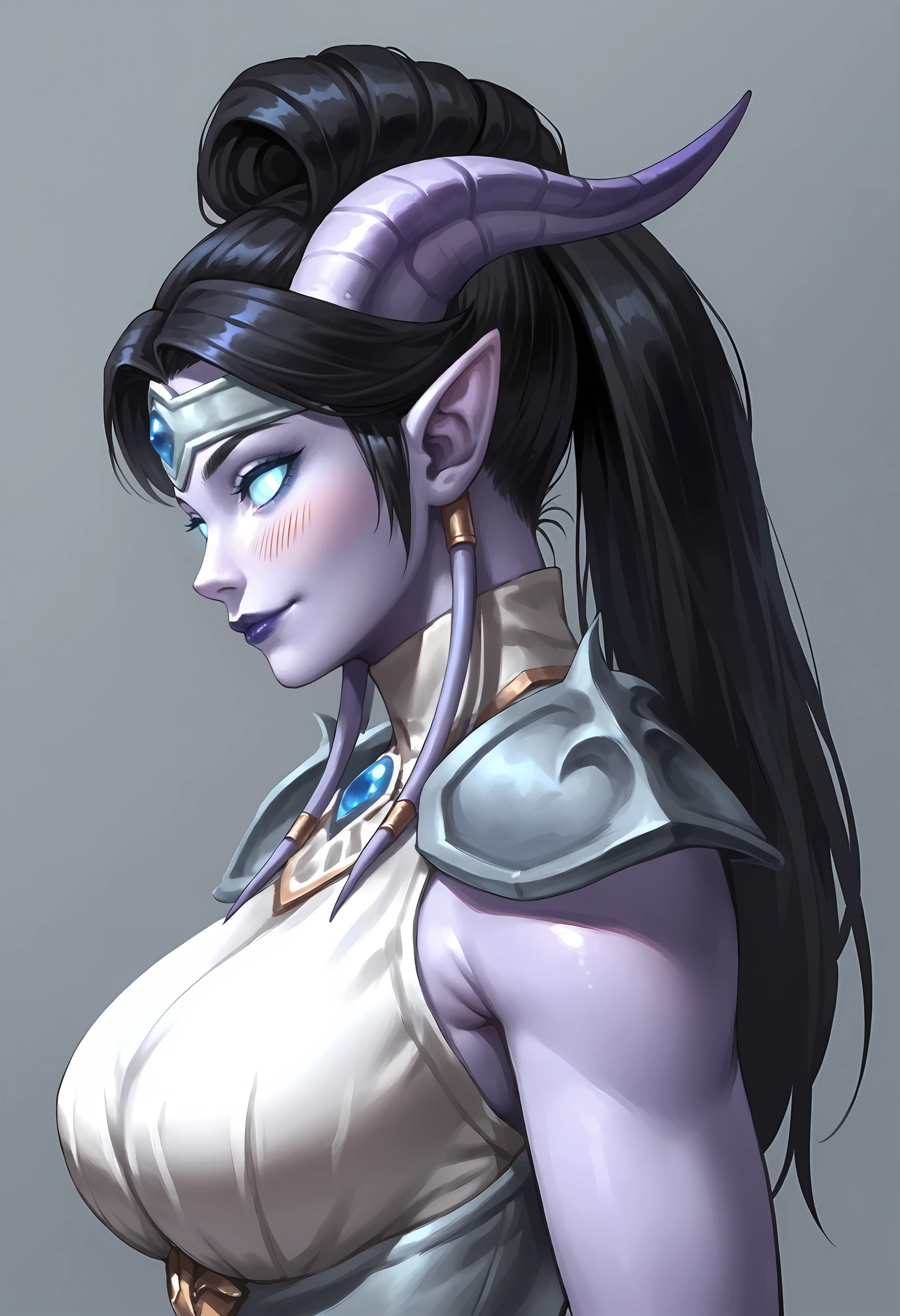 score_9, score_8_up, score_7_up, score_6_up, score_5_up, score_4_up, 1girl, <lora:DraeneiMoonclothWOW:0.85> , blue sclera, colored sclera, colored skin, purple skin, horns, glowing eyes, black hair, ponytail, long hair, pointy ears, purple lips, large breasts, dress, shoulder armor, white dress, upper body, smile, looking at viewer, blush, from side, 
simple background,