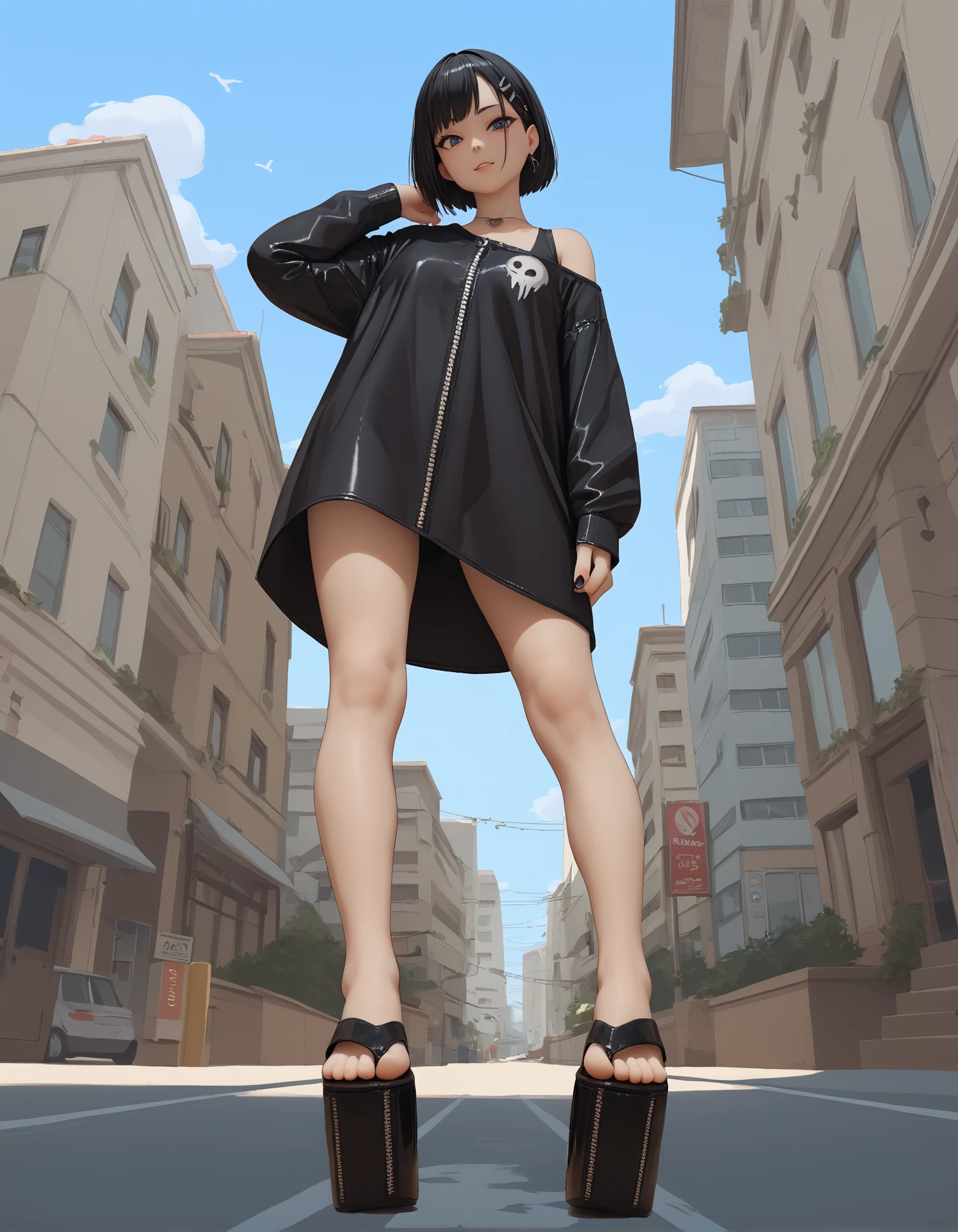 score_9, score_8_up, score_7_up, score_6_up, score_5_up, score_4_up, 
1girl, 
standing, looking at viewer, low angle,, (from side:0.8),
goth,
short hair,
(z1p1t platform flip flops), 
low angle, 
black hair,
looking at viewer,
embedding:zPDXL2 ,