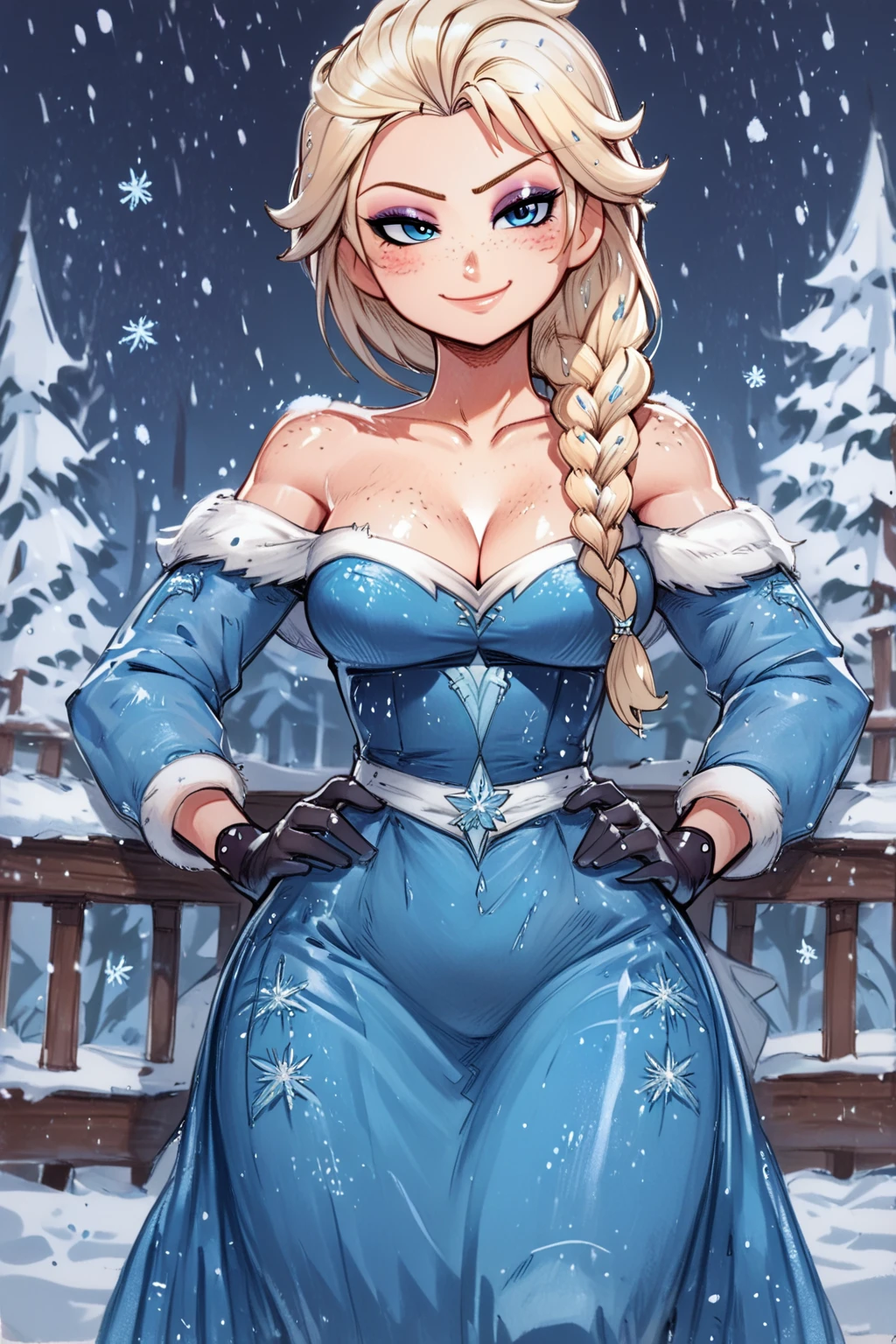 score 9, score 8, score_7_up, <lora:s_pindoki-000159:1>,
traditional art, by pinartiq,
1girl, elsa (frozen), solo, braid, dress, breasts, smile, blonde hair, blue eyes, snow, hands on hips, looking at viewer, long hair, hair over shoulder, gloves, snowing, blue dress, single braid, bare shoulders, outdoors, black gloves, lamppost, cleavage, off-shoulder dress, off shoulder, smug, collarbone, eyeshadow, long dress, medium breasts, freckles, closed mouth, blush, long sleeves