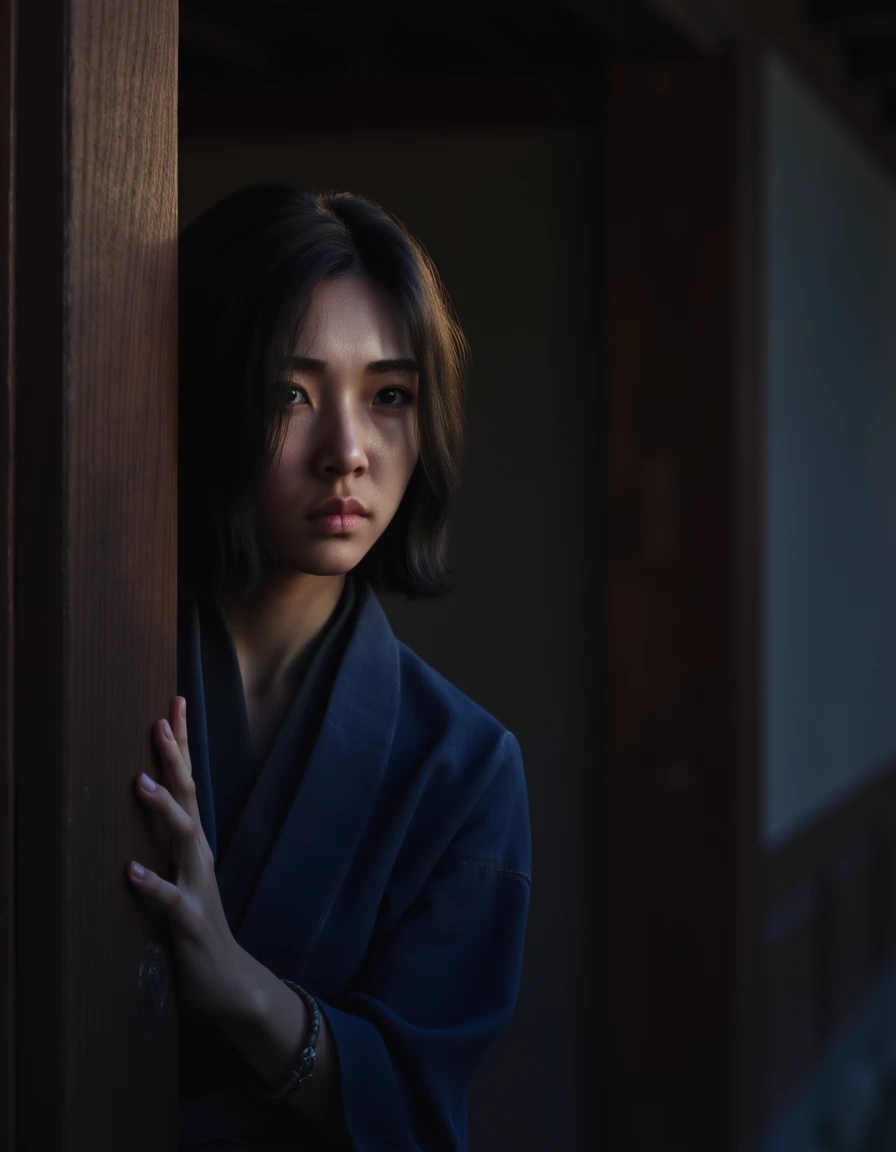 An oil painting of a ACNaoe woman with dark brown, shoulder-length, and slightly messy hair wearing a dark blue ninja outfit peeking around a corner in a hallway in a feudal Japanese castle at night