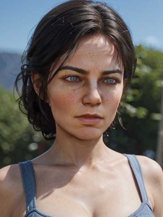 <lora:ReaLora:0.5> (realistic, photorealistic:1.37),
1girl, curvy, <lora:AR_RDR2-v1:0.3> (tied hair:1.2), forehead, blue eyes, eyebrows,
standing, cleavage, blue shirt,
(blurry background, western background:1.6), outdoors,
