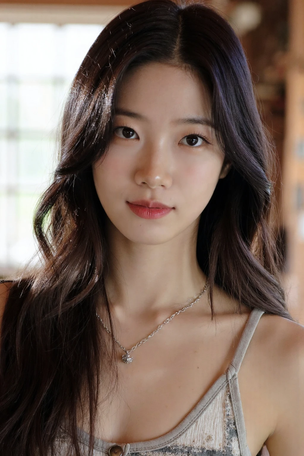 bright photo of beautiful korean girl with long wavy hair wearing bohemian dress, inside a rustic house with windows, necklace,studio lighting, realistic light reflections, , pale skin, detailed skin, <lora:flux_realism_lora:1>,  <lora:makinaflux_kazuha_v1.0:1>