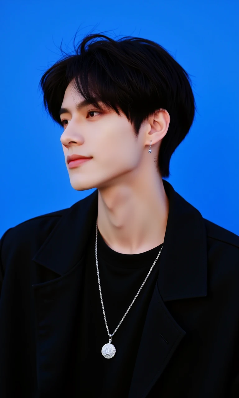 solo, jewelry, black hair, blue background, necklace, earrings, male focus, realistic, 1boy, jacket, looking at viewer, simple background, black shirt, short hair, black eyes, portrait, shirt, closed mouth, black jacket, smile, upper body, bangs