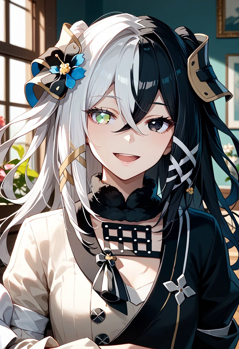 score_9,score_8_up,score_7_up,source_anime,ANTILENE_HERAN_FOUCHE,1girl,solo,long hair,looking at viewer,smile,open mouth,black hair,hair ornament,1boy,ribbon,hair between eyes,hair ribbon,upper body,flower,white hair,:d,male focus,multicolored hair,hair flower,black eyes,two-tone hair,grey eyes,heterochromia,white eyes,split-color hair,