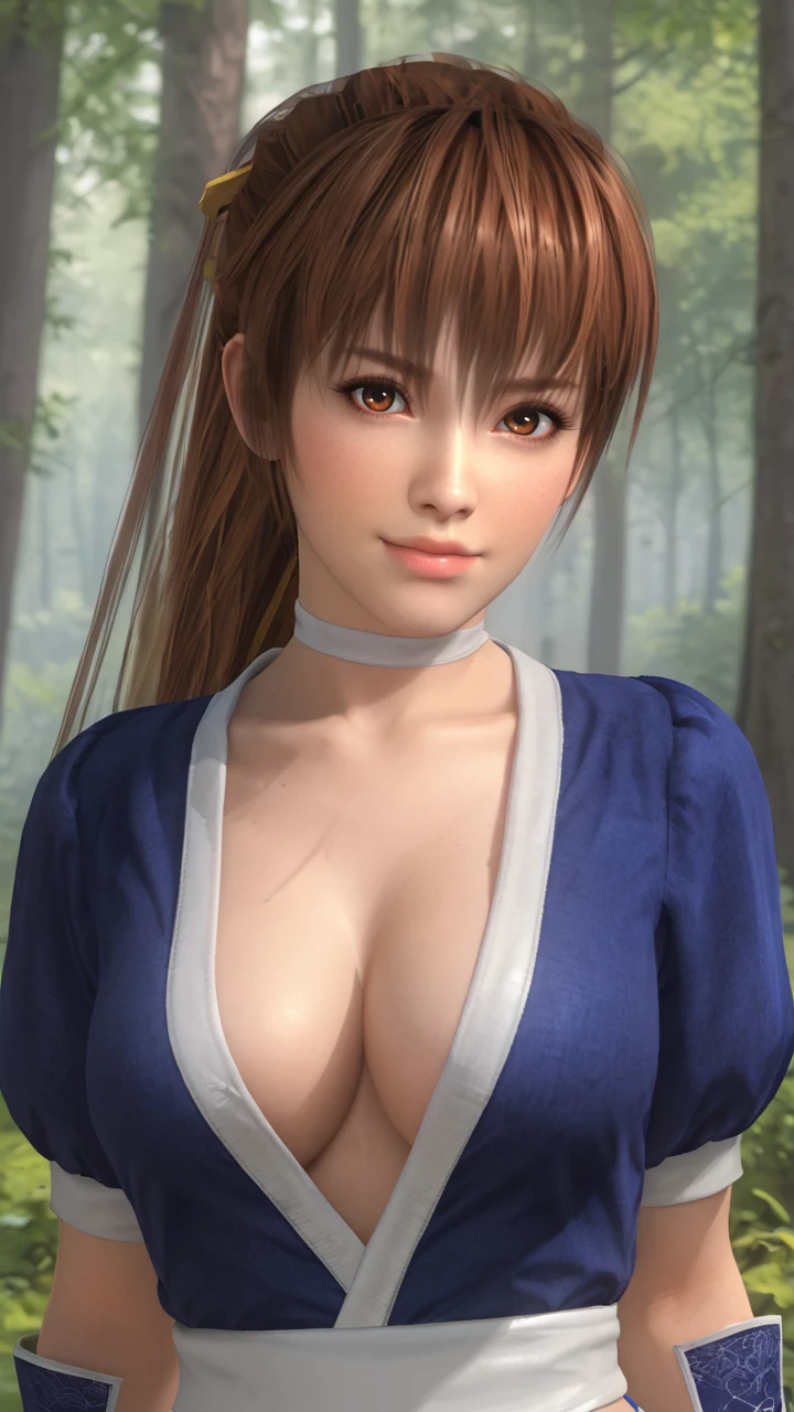 score_9, score_8_up, score_7_up, kasumidoa5lr, kasumioutfit, pelvic curtain, choker, forest, blurry background, 1girl, solo, long hair, ponytail, breasts, large breasts, cleavage, smile, looking at viewer <lora:kasumidoa5lrPONYXL:0.7>