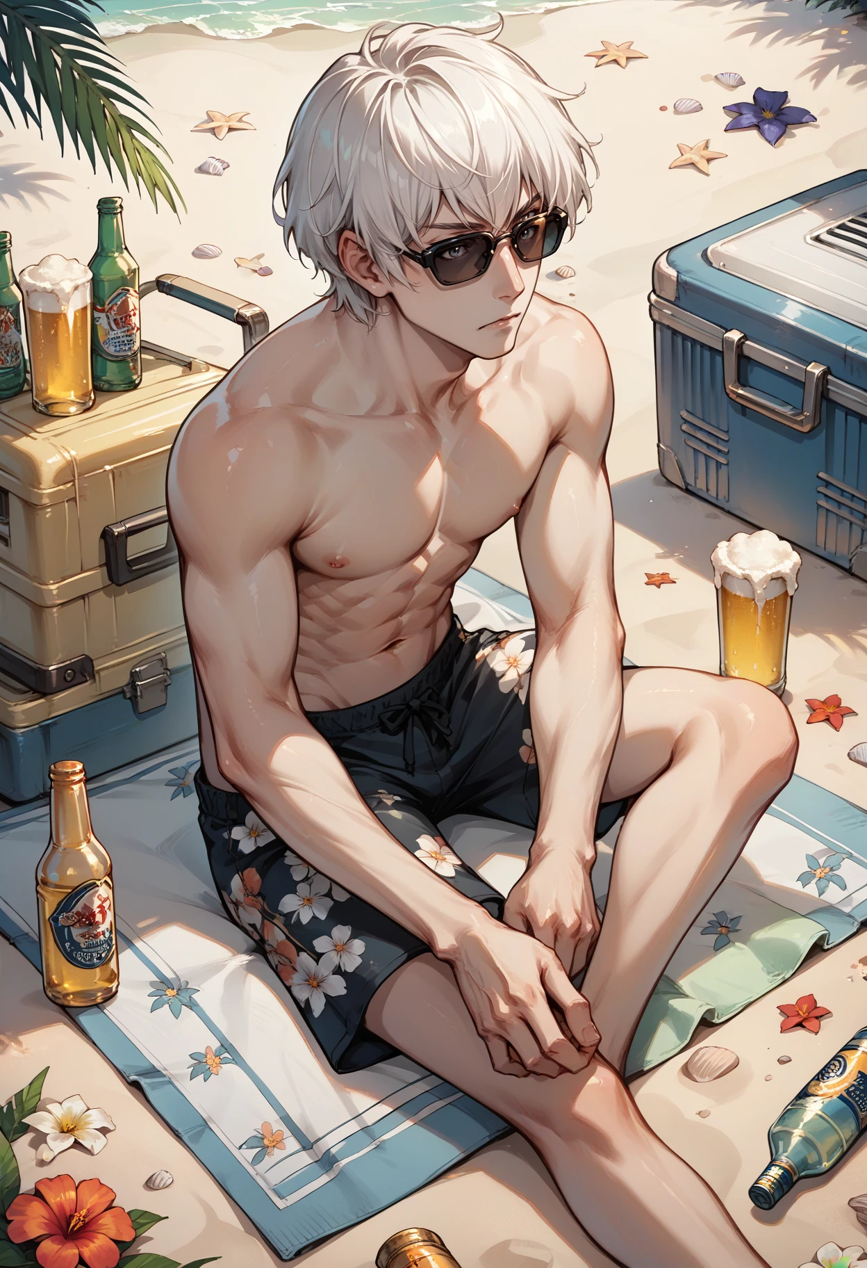 score_9, score_8_up, score_7_up, source_anime, 1boy, sitting, on ground, beer bottle, arm support, <lora:SomaCV-pdxl:1> soma, white hair, short hair, grey eyes, sunglasses, topless male, swim trunks, floral print, bare legs, towel, beach, cooler