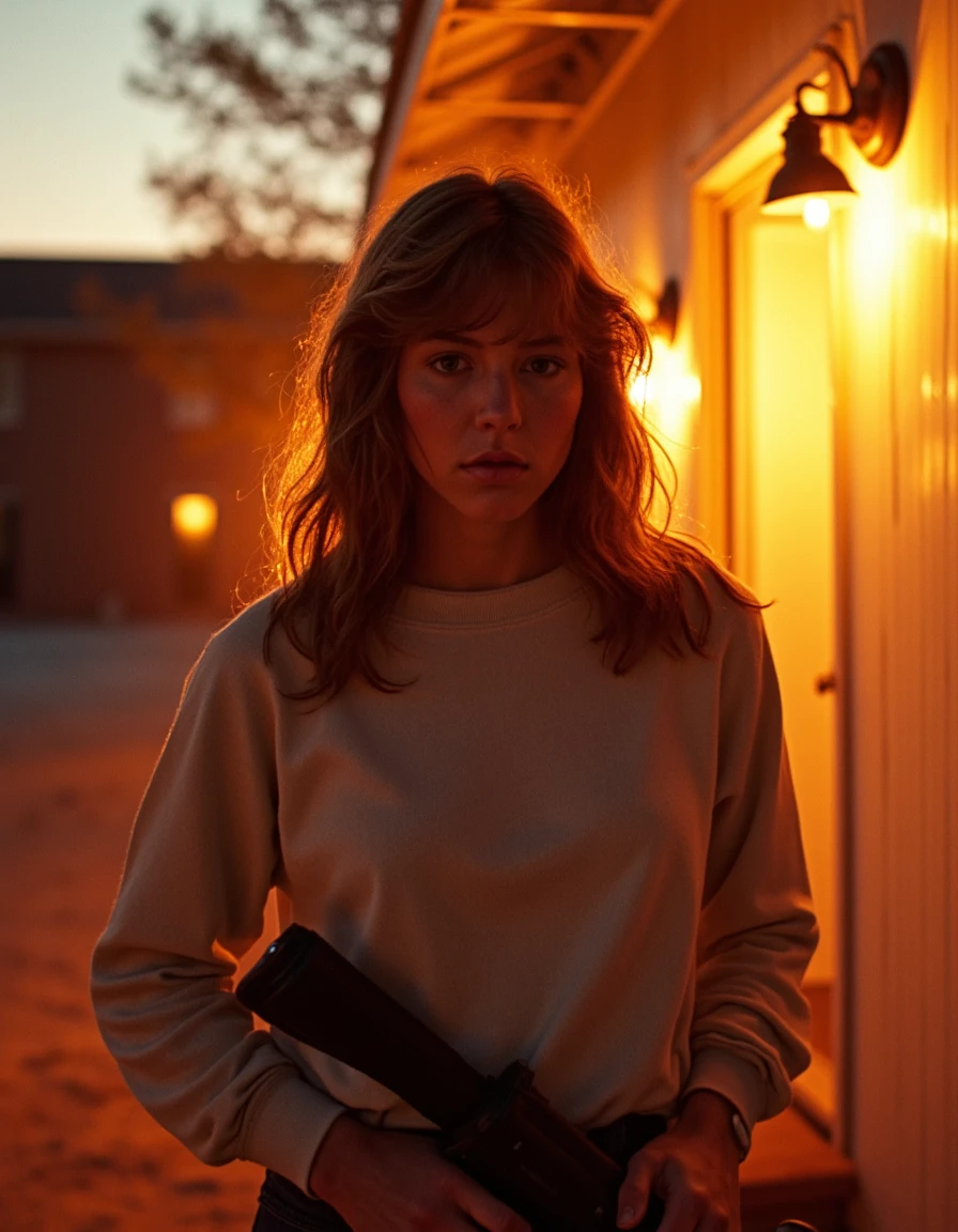 Cinematic, golden hour lighting, Ultracam 35mm, 80s photography,  full body shot, Ultra realistic, ultra detailed textures, outdoors creepy school yard, preppy 19 year old beauty, loose long hair, her 80s  casual attire and edgy pose commanding attention.She is holding a flare gun,  looks sexy and serious, looking at the viewer with a sinister intent as she stands front and center, bathed in brown lights, accentuates her striking features  <lora:Final_Girls:1.2>