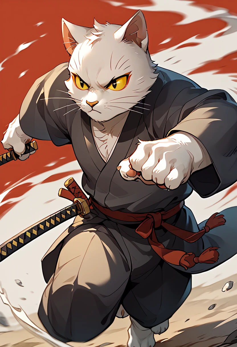 score_9, score_8_up, score_7_up, high quality, hires, solo, libing, whitecatlegend, solo, whiskers, cat, furry, yellow sclera, yellow eyes, action pose, running, unsheathing katana, katana, white body, black japanese clothes, <lora:Li_Bing_White_Cat_Legend:1>