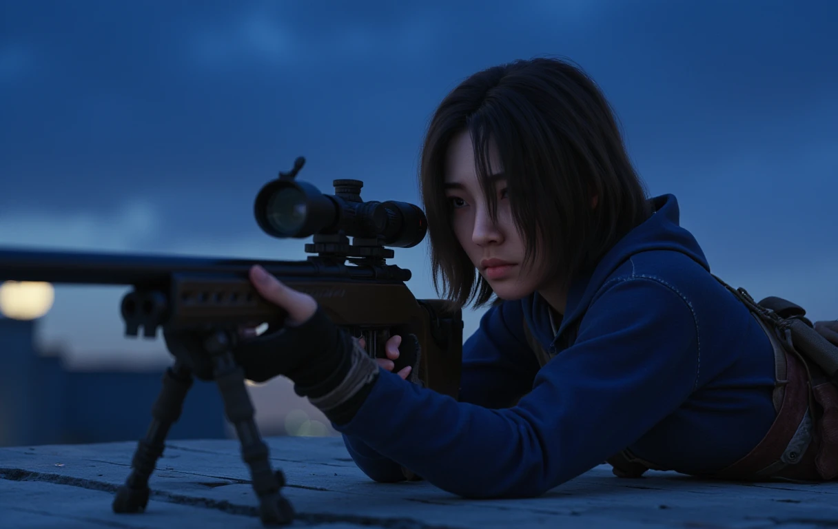 An oil painting of a ACNaoe woman with dark brown, shoulder-length, and slightly messy hair wearing a dark blue ninja outfit with hood lying on a rooftop during night time looking through a sniper rifle scope