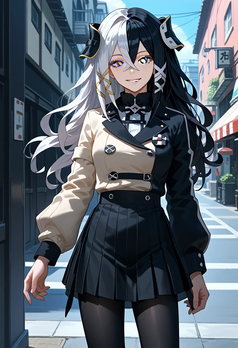 score_9,score_8_up,score_7_up,source_anime,ANTILENE_HERAN_FOUCHE,1girl,solo,long hair,looking at viewer,smile,skirt,black hair,hair ornament,hair between eyes,standing,white hair,pantyhose,multicolored hair,two-tone hair,grey eyes,black pantyhose,split-color hair,