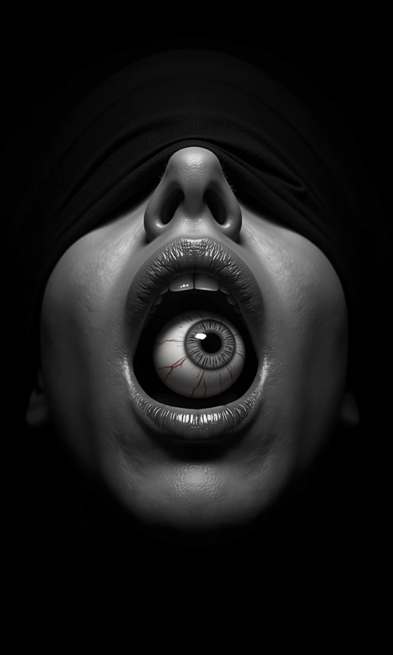 (masterpiece, best quality, very fine CG, intricate details: 1.2)，
Monochrome, Solo, Open Mouth In Mouth Eyeball, Black Background, With Blindfold, Blindfolded