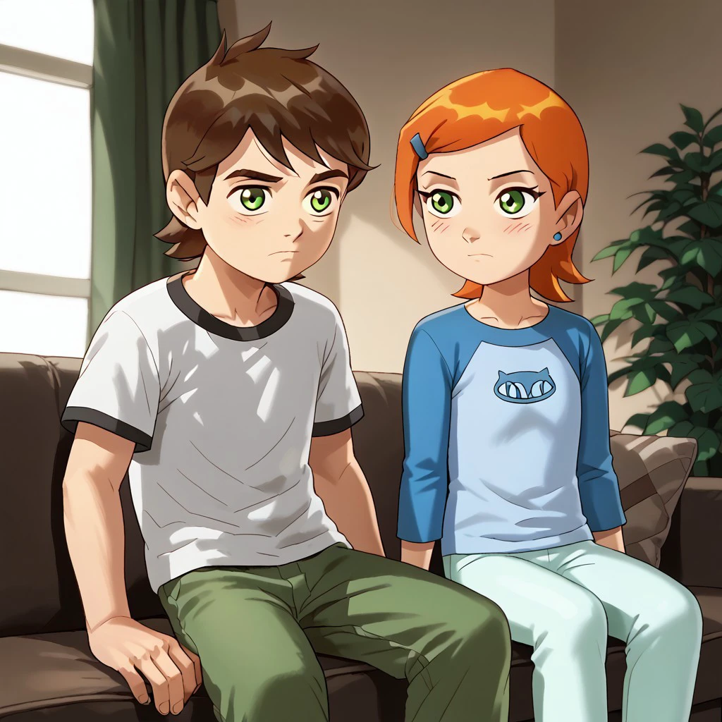 score_9, score_8, score_7, porochaStyle, break,, ben_gwen10, (1boy, shirt, green pants), (1girl, raglan sleeves, white pants), cute, sitting, sofa, green eyes, clean eyes