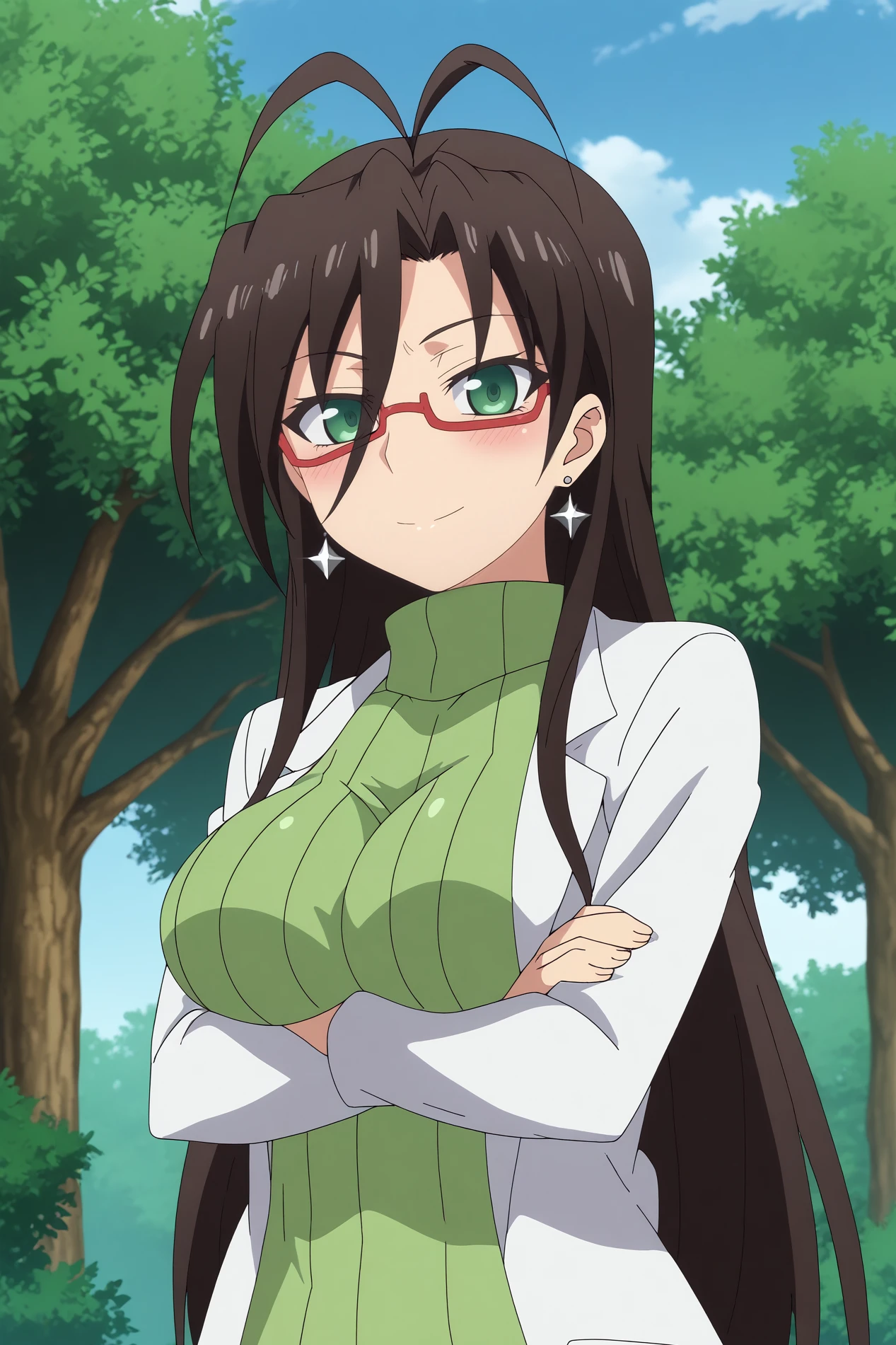  chisato hasegawa,1girl,glasses,smile,blush,solo,earrings,antenna hair,red-framed eyewear,sweater,breasts,labcoat,large breasts,mole,turtleneck,looking at viewer BREAK outdoors,forest,blue sky,tree  Pouting with crossed arms,  <lora:Chisato_Hasegawa_-_Shinmai_Maou_no_Keiyakusha.safetensors:0.8>