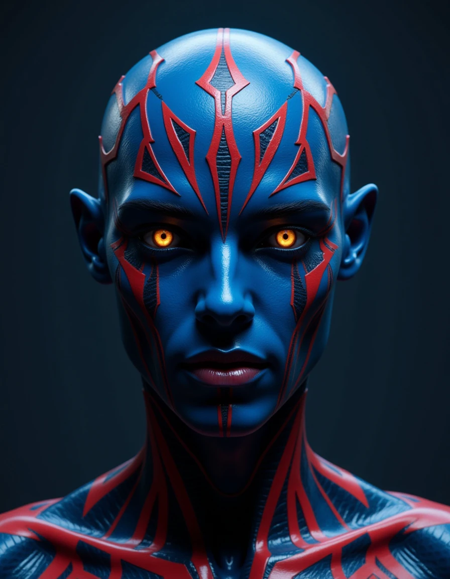 Hybrid_Hu_Al, The image is a highly detailed CGI artwork featuring a futuristic, humanoid alien character with a striking, otherworldly appearance. The subject has a striking face with a deep blue skin tone and piercing blue eyes that seem to glow, giving an eerie, almost supernatural quality. The face is adorned with intricate, angular, and geometric patterns in shades of red and blue, creating a futuristic, biomechanical aesthetic.