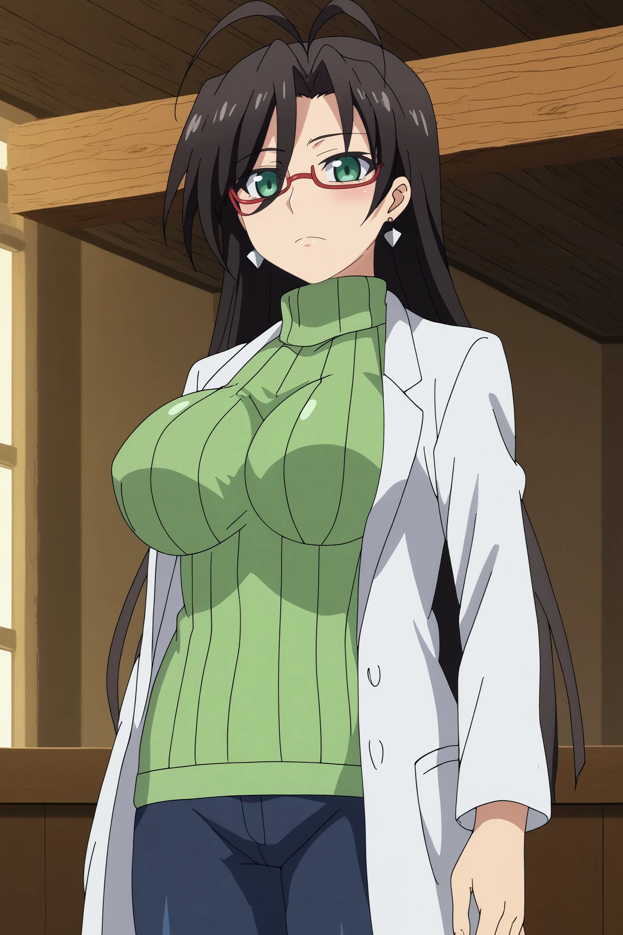 chisato hasegawa,1girl,glasses,solo,earrings,antenna hair,red-framed eyewear,sweater,breasts,labcoat,large breasts,mole,turtleneck,looking at viewer BREAK indoors,  <lora:Chisato_Hasegawa_-_Shinmai_Maou_no_Keiyakusha.safetensors:0.8>