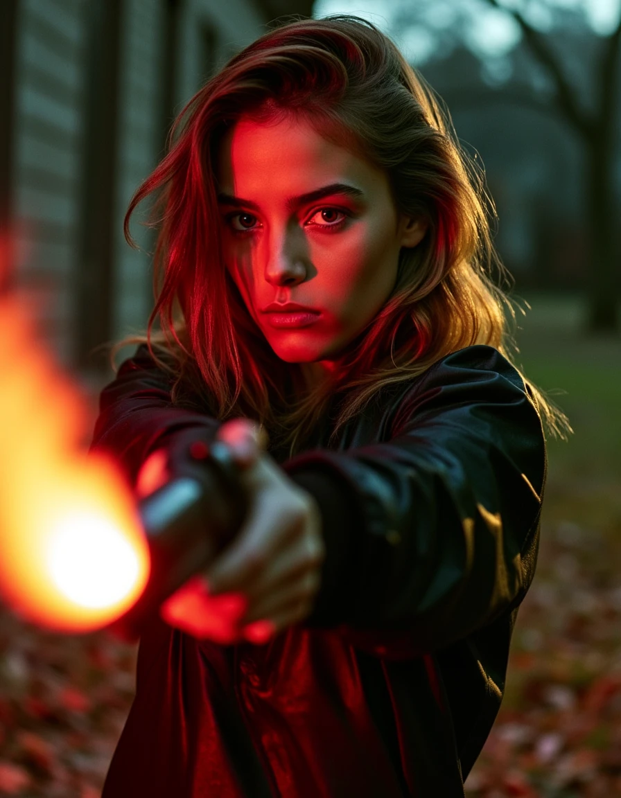 Cinematic, golden hour lighting, full body shot, from bottom to top view, ultra realistic, ultra detailed textures, a candid, colors: black, white, grey, an outdoors creepy school yard, preppy 19 year old beauty, loose hair, her 80s  casual attire and edgy pose commanding attention.She is holding a flare gun,  looks sexy and serious, looking at the viewer with a sinister intent as she stands front and center, bathed in brown lights, accentuates her striking features  <lora:Final_Girls:1.2>