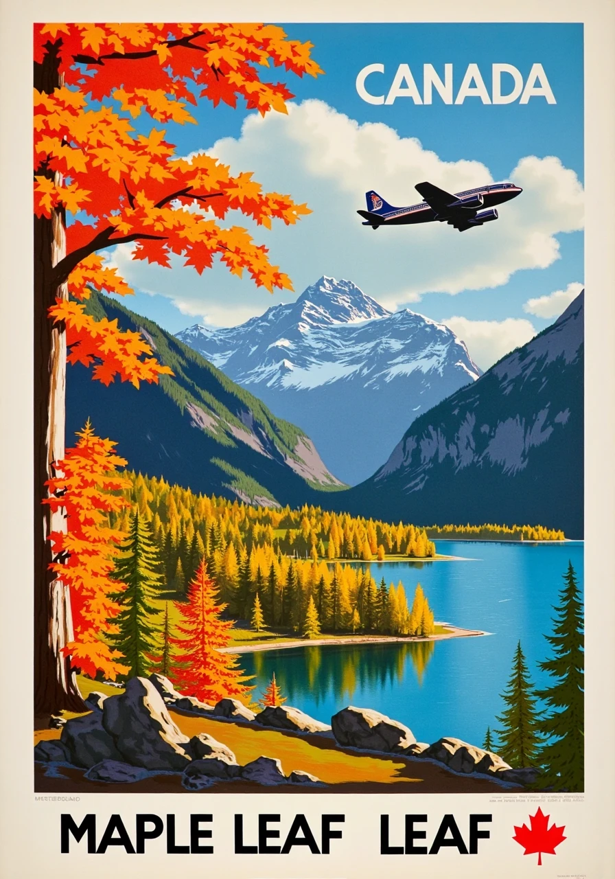 A stunning travel poster for Canada, featuring Maple Leaf Airlines. The scene depicts the majestic Rocky Mountains with colorful autumn leaves and a tranquil lake, alongside a soaring aircraft.