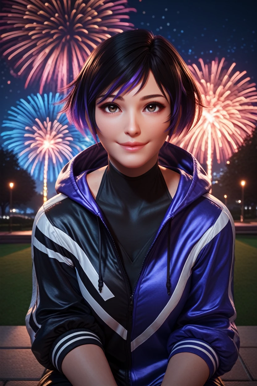 score_9, score_8_up, score_7_up, 
<lora:TKReina:0.8>
TKReina, 1girl, black hair, purple hair, multicolored hair, short hair, looking at viewer, sitting, at night, fireworks, park, looking up, smile