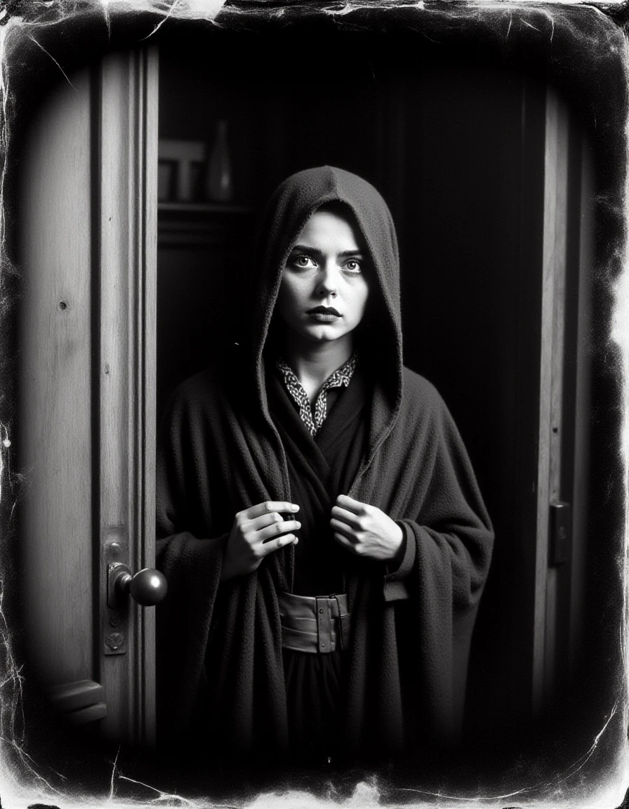 TheScaryDoor, a 1900's rough black and white photograph ,the scene is suspenseful and eerie.  close up bust portrait of a beautiful woman standing in a doorway, nervous and terrified.  She wears a hooded cloak pulled up over her head, wide eyes and her hands gripping the hood for comfort <lora:The_Scary_Door-Flux:1>