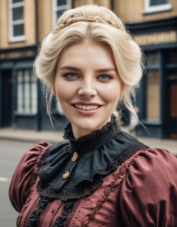 charr1th0mp, closeup photo of a beautiful blonde woman, smile, dressed in a Victorian style dress, elegant, Victorian street, <lora:Charr1Th0mp-000007:0.9>